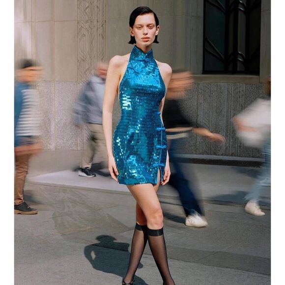 Sau Lee Dresses & Skirts - NWT Sau Lee Sequins Sleeveless Open Back Mae Mini Dress Peacock Blue Size 0 $395